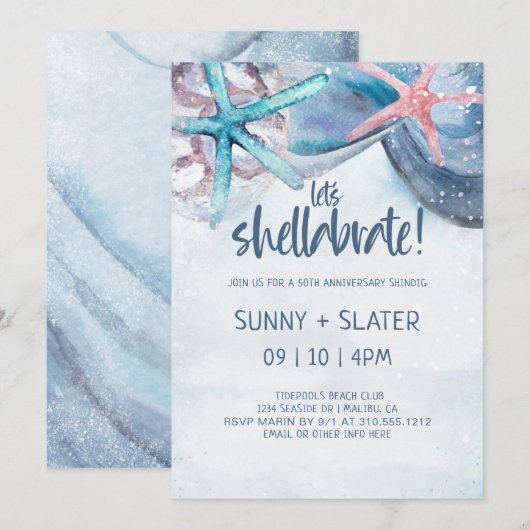 シェラブレーション | ビーチ シェルズ 結婚記念日 招待状 (正面/裏面)