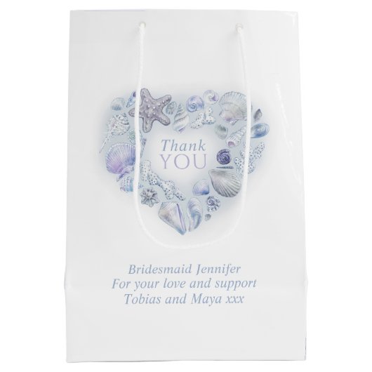 シェルのハート感謝していアートユービーチブルー結婚ズ ミディアムペーパーバッグ (裏面)