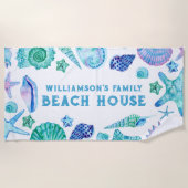 シェルアンドスターフィッシュファミリービーチハウスウォーターカラー ビーチタオル (正面)