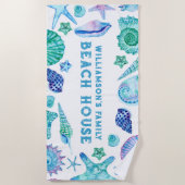 シェルアンドスターフィッシュファミリービーチハウスウォーターカラー ビーチタオル (正面)