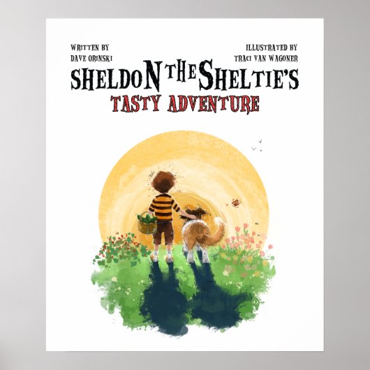 シェルティーと少年が夕日に向かって歩く ポスター (正面)