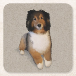 シェルティーミックス犬の肖像画 スクエアペーパーコースター