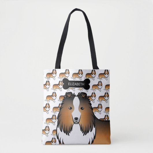シェルティー サーブル 犬 と 骨 + 名前 トートバッグ (正面)