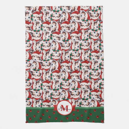 シェルティ柄 モノグラム クリスマス 犬 キッチンタオル (縦)