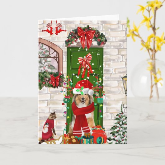 シェルティ犬のクリスマス カード (黄色い花)