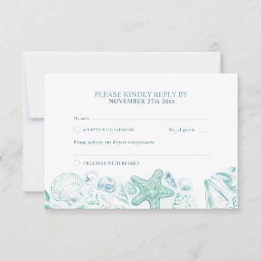 シェルハートアートビーチ結婚式水カラーアクア 出欠カード (正面)