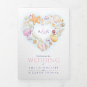 シェルハートアート水カラービーチ結婚式 三つ折り招待状 (カバー)