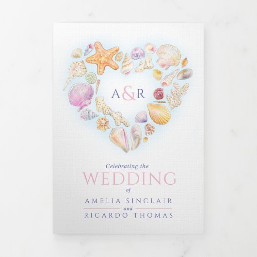 シェルハートアート水カラービーチ結婚式 三つ折り招待状 (カバー)