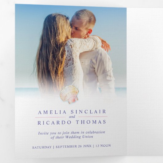 シェルハートアート水カラービーチ結婚式 三つ折り招待状 (内部最初)