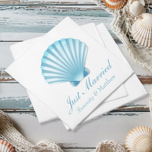 シェルビーチブルー航海のたった今結婚しました結婚ズ スタンダードカクテルナプキン