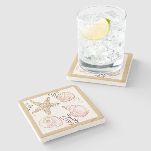 シェルビーチベージュニュートラルシーシェル装飾用クッション ストーンコースター (横)