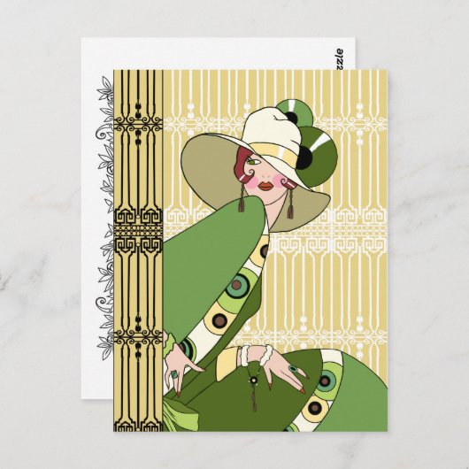 シェルビー、1920年代のアールデコの黄色とオリーブのレディ ポストカード (正面/裏面)