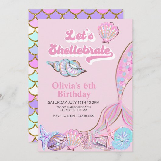 シェルブシーシェルとマーメイド誕生日 招待状 (正面/裏面)