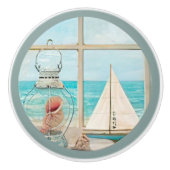 シェルランタンウィンドウ帆船でビーチ水彩 セラミックノブ (正面)