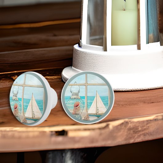 シェルランタンウィンドウ帆船でビーチ水彩 セラミックノブ