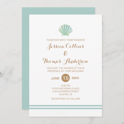 シェル水彩アクア結婚式招待状カード 招待状 (正面/裏面)