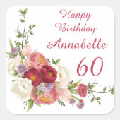 シェーズオブピンクホワイトピオニーフラワーハッピーバースデー  スクエアシール (正面)