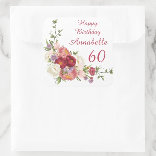 シェーズオブピンクホワイトピオニーフラワーハッピーバースデー スクエアシール (バッグ)