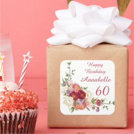 シェーズオブピンクホワイトピオニーフラワーハッピーバースデー  スクエアシール