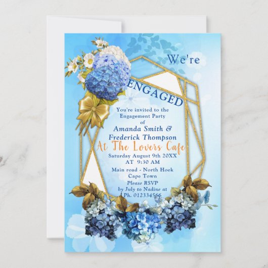 シェーディングオブブルーウォーターカラーアジサイ婚約 招待状 (正面)