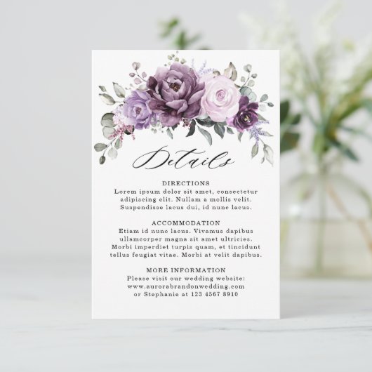 シェードオブダスティパープル開花フローラ結婚の詳細 エンクロージャーカード (スタンド正面)