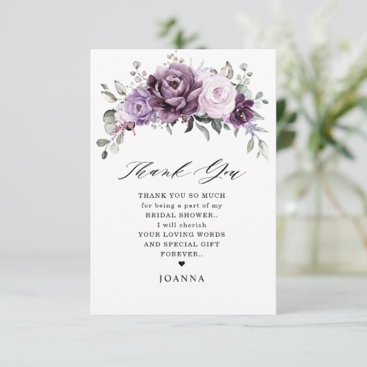 シェードオブダスティパープル開花ムーディブライダルシャワー サンキューカード (スタンド正面)