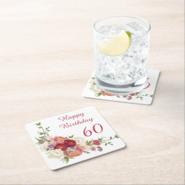 シェードオブピンクホワイト牡丹フラワーハッピーバースデー スクエアペーパーコースター