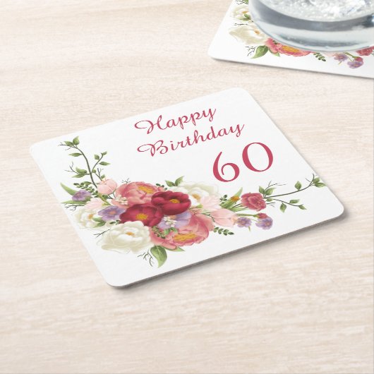 シェードオブピンクホワイト牡丹フラワーハッピーバースデー スクエアペーパーコースター (アングル)