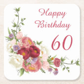 シェードオブピンクホワイト牡丹フラワーハッピーバースデー スクエアペーパーコースター (正面)