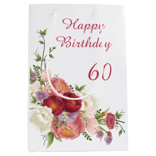 シェードオブピンクホワイト牡丹フラワーハッピーバースデー ミディアムペーパーバッグ (正面)