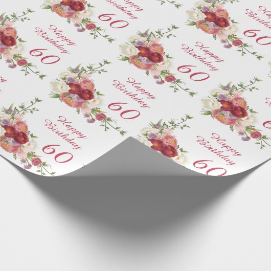 シェードオブピンクホワイト牡丹フラワーハッピーバースデー ラッピングペーパー (角)