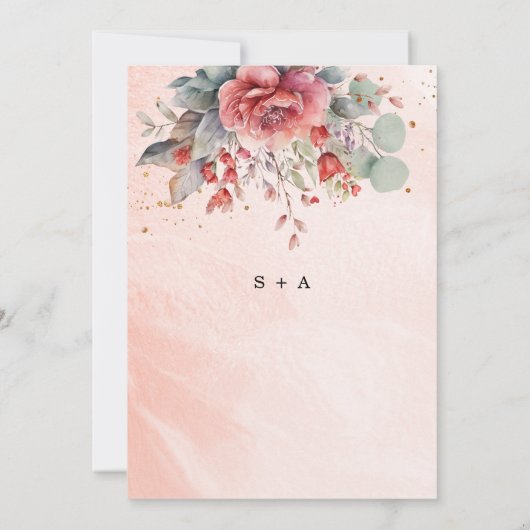 シェードオブ赤面ピンク桃 |ほこりっぽいブルー結婚ズ 招待状 (裏面)