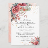 シェードオブ赤面ピンク桃 |ほこりっぽいブルー結婚ズ 招待状 (正面/裏面)