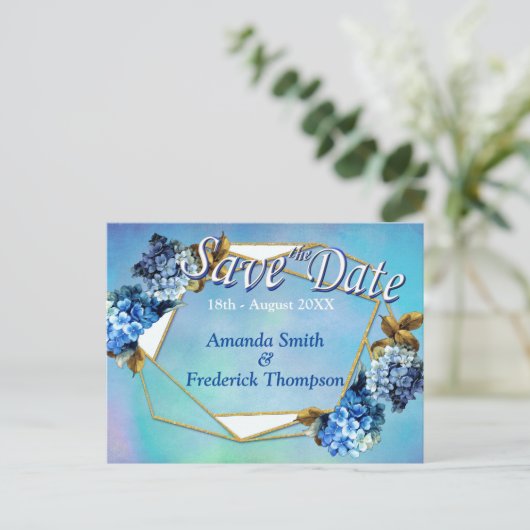 シェード/ブルーウォーター色アジサイ日付を保存 案内ポストカード (スタンド正面)