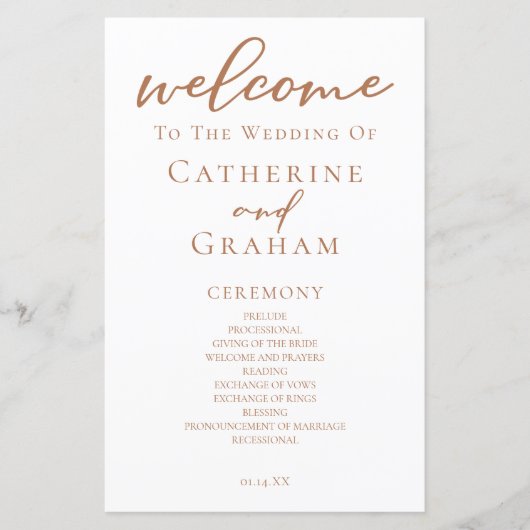 シエナブラウンスクリプトカスタム秋の結婚式プログラム (正面)