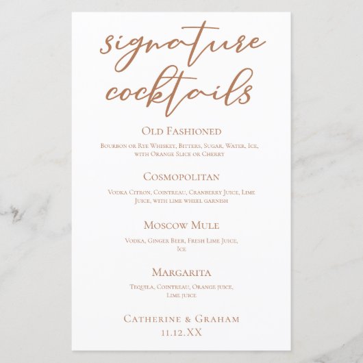 シエナブラウン結婚のシグネチャカクテルメニュー (正面)