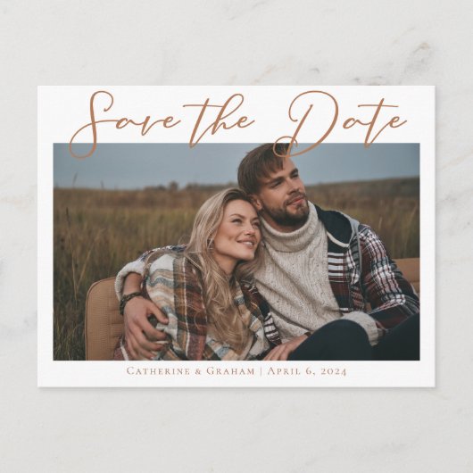 シエナブラウン スクリプト カップル フォト おしゃれ 秋 案内ポストカード (正面)