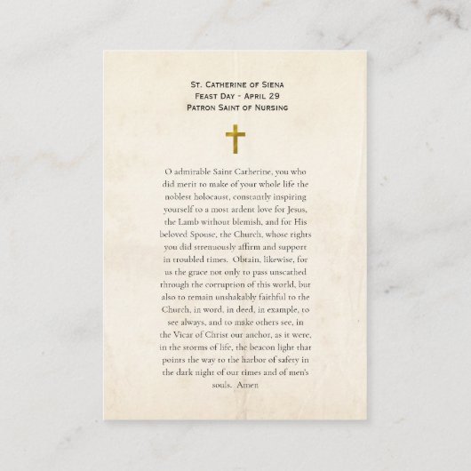 シエナローマカトリック祈りの言葉カードの聖キャサリン プレイスカード (裏面)