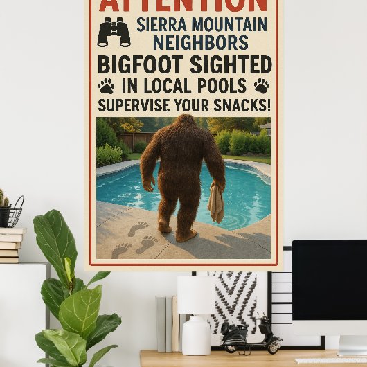 シエラ山の隣人たちに注意 - ビッグフットプール ポスター (ホームオフィス)