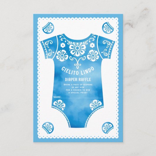 シエリートリンドブルー男の赤ちゃんシャワーおむつラッフル エンクロージャーカード (正面)