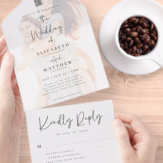 シエレガントックモダンシンプルQRフォト結婚ズ オールインワン招待状