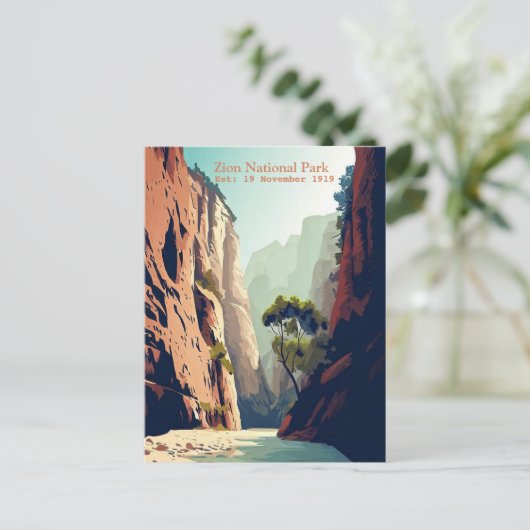 シオン国立公園ユタ州ナロウズの水彩画 ポストカード (スタンド正面)
