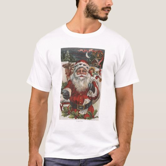 シカおよび子供とのクリスマスGreetingSanta Tシャツ (正面)