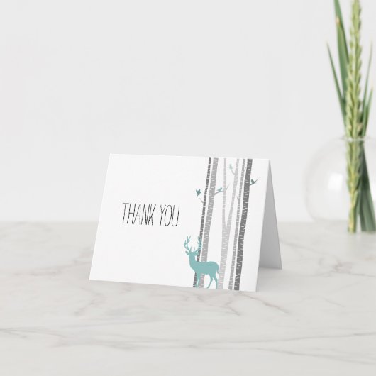 シカおよび鳥が付いている白い樺の木は感謝していしています サンキューカード (正面)