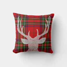シカが付いている赤いおよび緑の格子縞のクリスマスの枕 クッション
