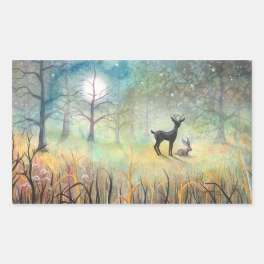 シカとウサギの幻想的な野生動物アート 長方形シール (正面)