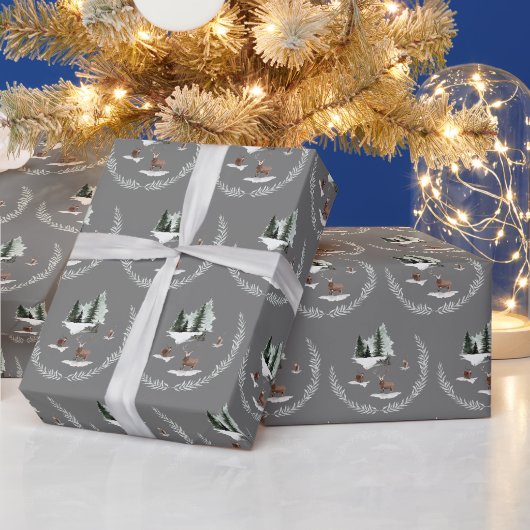 シカと松の木 ラッピングペーパー (クリスマス)