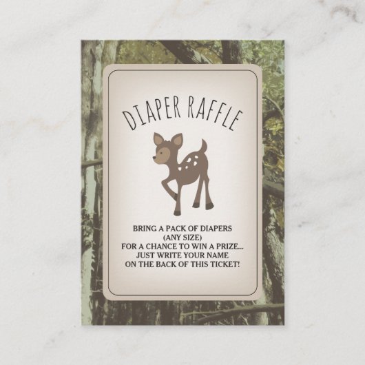 シカのカムフラージュのベビーシャワーのおむつのラッフル エンクロージャーカード (正面)