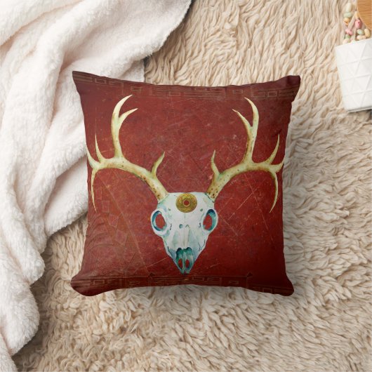 シカのスカルの(雄ジカの)枝角のウシの血の金ゴールドのネイティブアメリカン クッション (ブランケット)