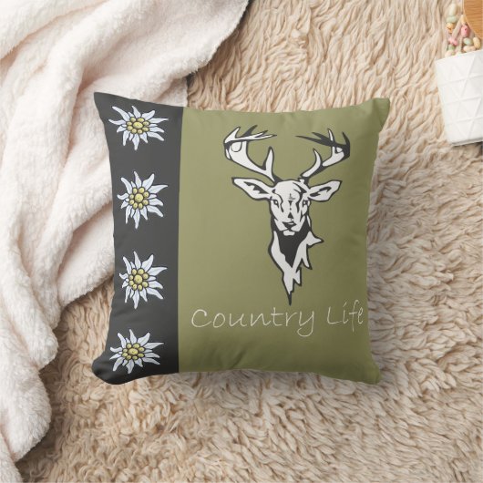 シカのヘッド高山のEdelweissのカーキ色の枕 クッション (ブランケット)